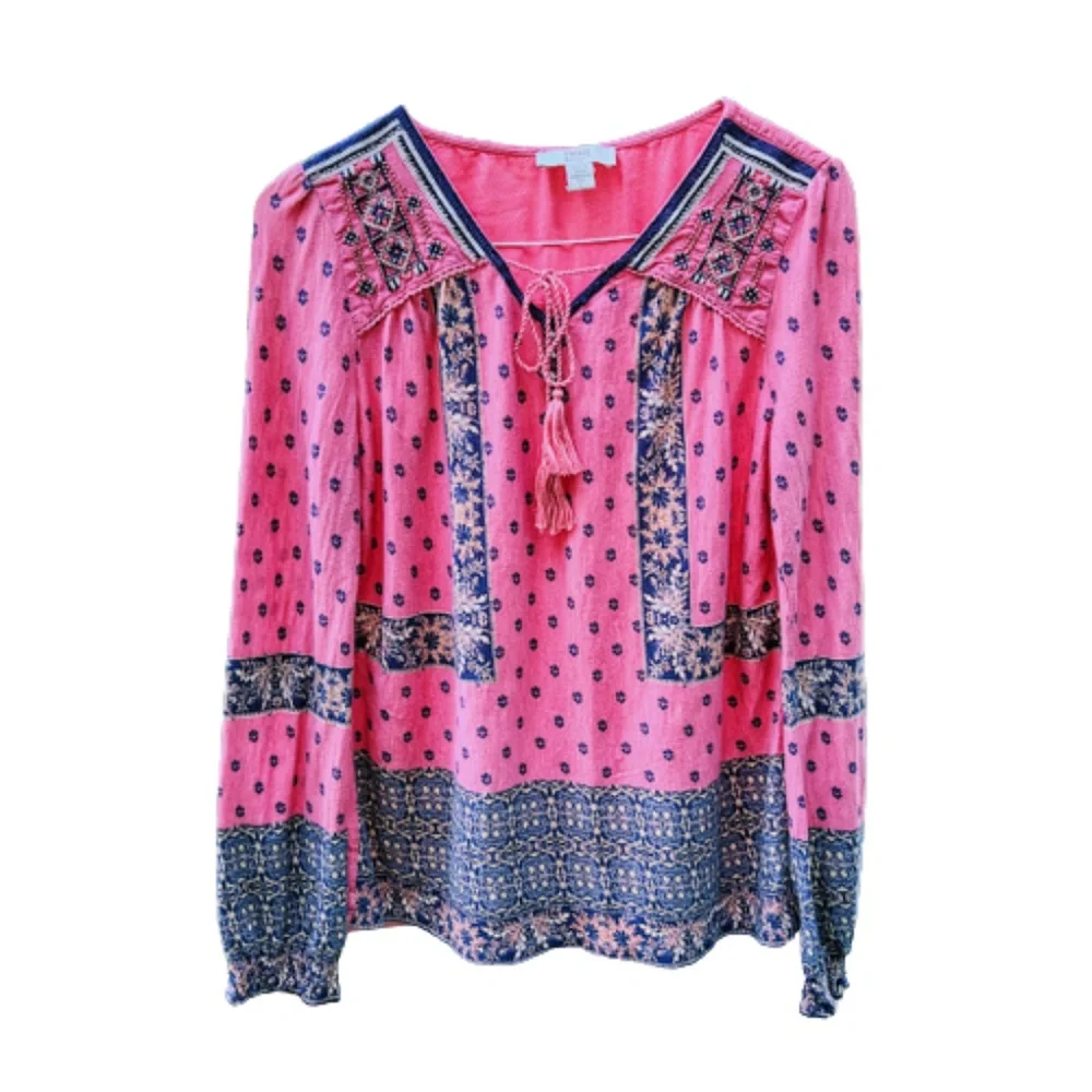 Pink & Blue Vintage America Brand Boho Peasant Beaded Top 🎉2X Host Pick🎉 - Picture 7 of 7